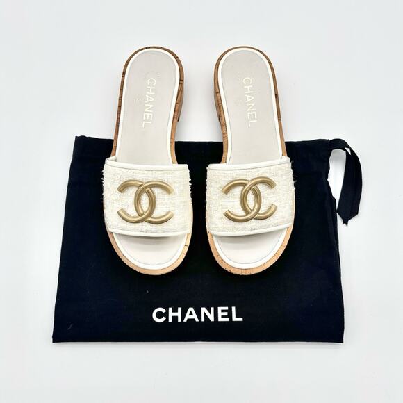 Chanel Interlocking CC Tweed Cork Slip On Heeled Mules Slides Sandals 38 - Picture 2 of 8